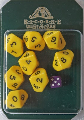 d10 Dice Yellow x 8 + "Purple Dice of Doooom"